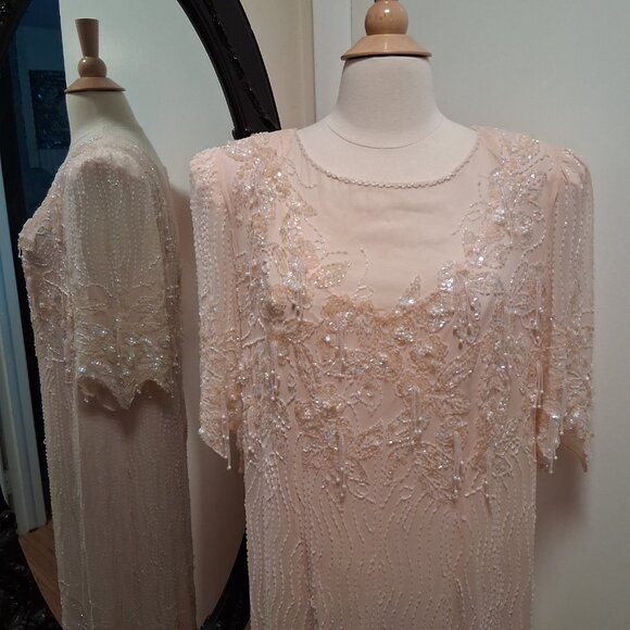 Vintage Shomax Silk Light Pink Beaded Dress Gown Maxie XL/1X - Picture 2 of 12